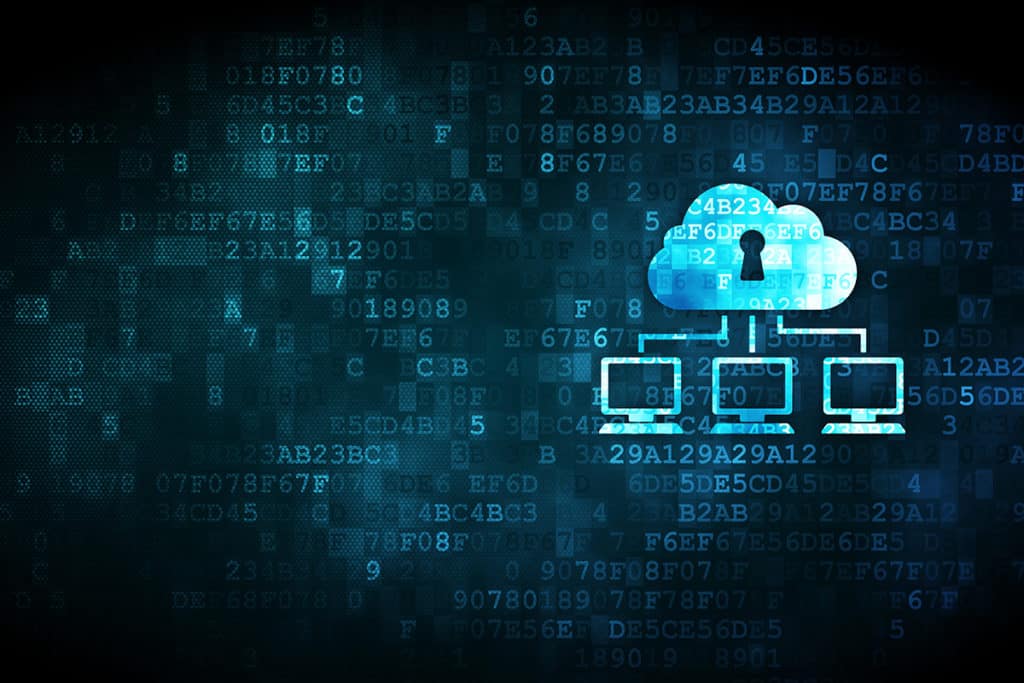 Cloud with lock and computers on top of code; cybersecurity implications